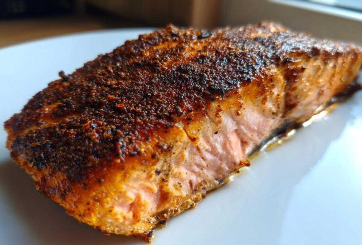 Close-up of a thick, flaky piece of blackened salmon with a dark, spicy crust resting on a white plate.