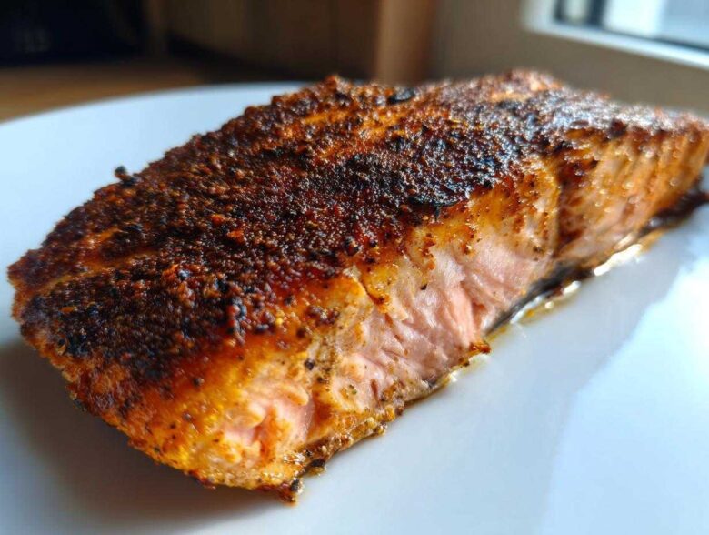 Close-up of a thick, flaky piece of blackened salmon with a dark, spicy crust resting on a white plate.