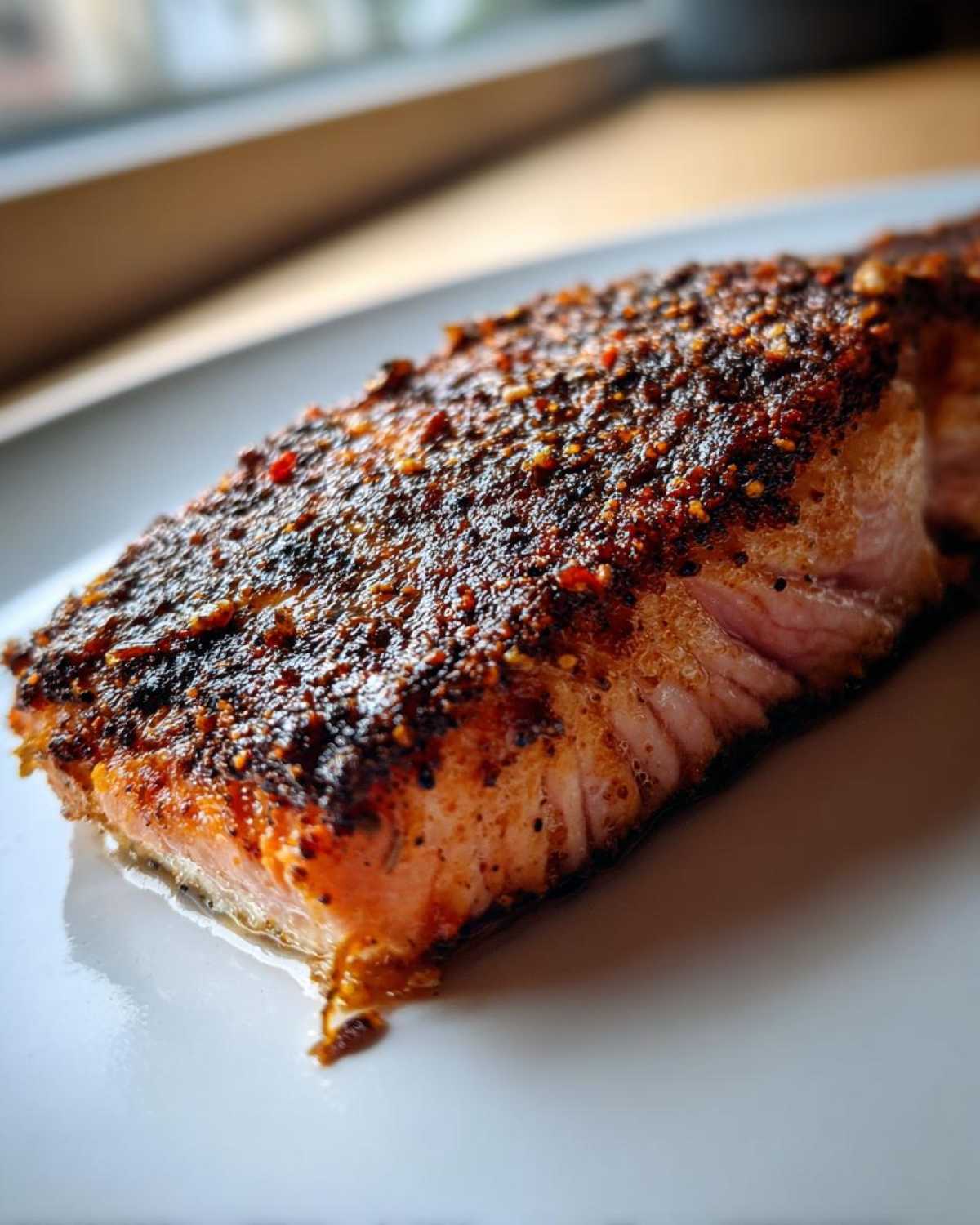 Close-up of a perfectly cooked piece of blackened salmon with a dark, spicy crust resting on a white plate.