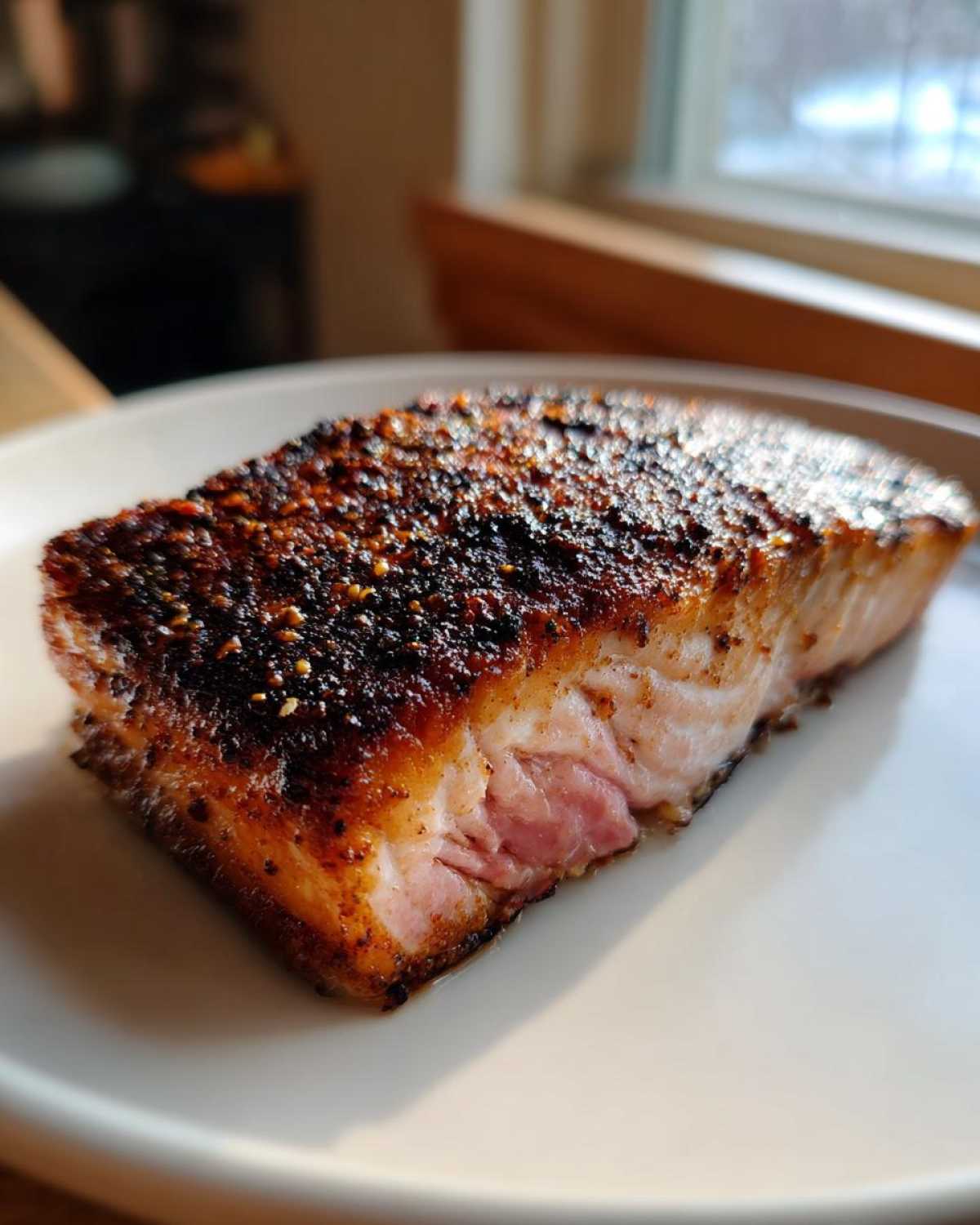 Close-up of a thick, perfectly cooked blackened salmon fillet showing a dark, seasoned crust and moist interior.
