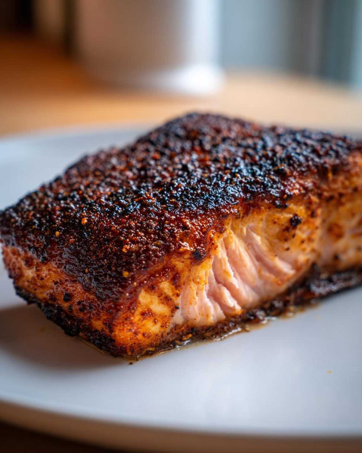 Close-up of a thick, flaky piece of blackened salmon resting on a white plate, showing the dark spice crust.
