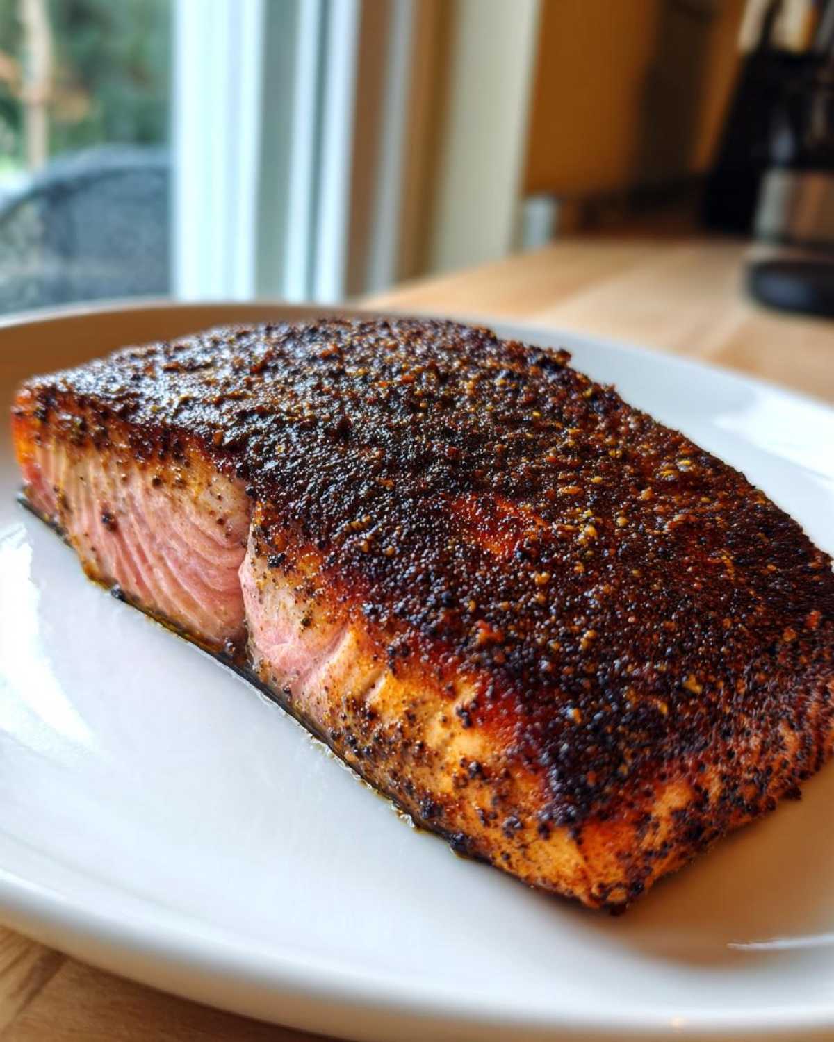 Close-up of a thick, perfectly cooked piece of blackened salmon fillet showing a dark spice crust and moist pink interior.
