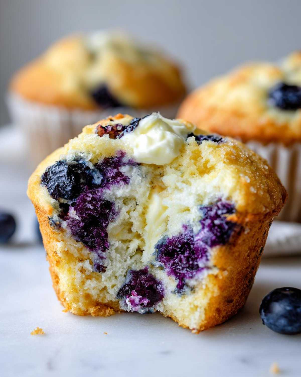 Close-up of a blueberry cream cheese muffins with a bite taken out, showing the creamy filling and burst blueberries.