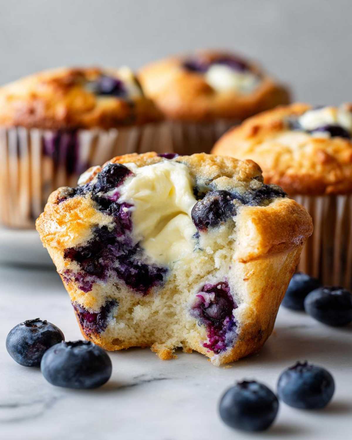 Close-up of a blueberry cream cheese muffins cut in half showing the gooey cream cheese filling and blueberries.