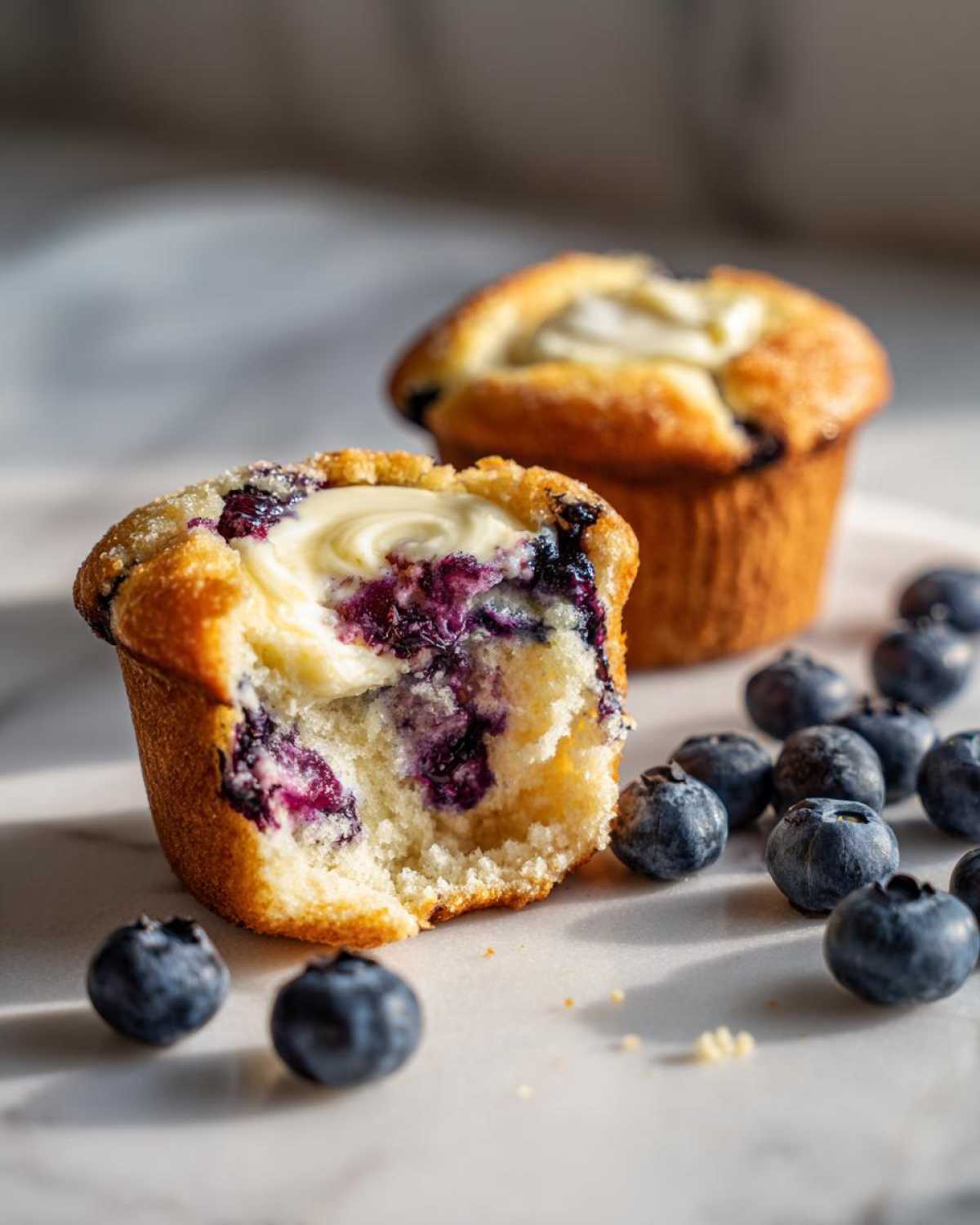Close-up of a blueberry cream cheese muffins cut in half showing the swirl of cream cheese and blueberries inside.