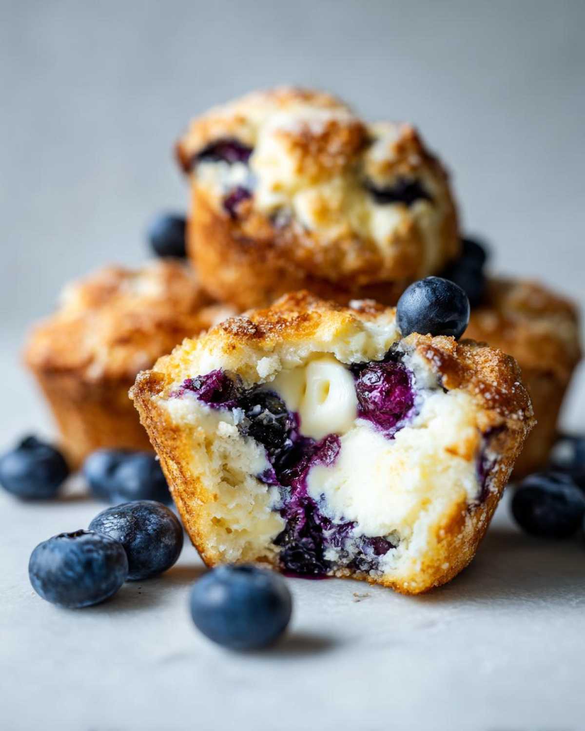 Close-up of a blueberry cream cheese muffin cut in half showing the creamy center and bursting blueberries.