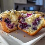 Close-up of a blueberry cream cheese muffin broken in half showing the moist, yellow crumb and burst blueberries.