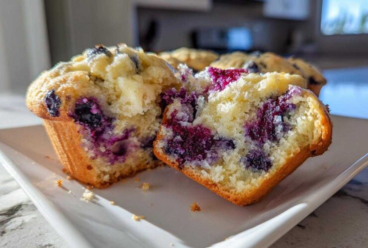 Close-up of a blueberry cream cheese muffin broken in half showing the moist, yellow crumb and burst blueberries.