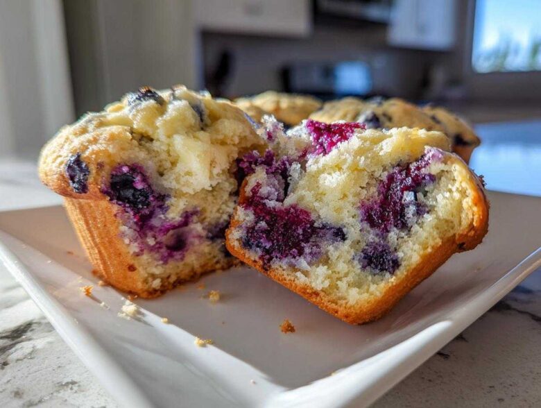 Close-up of a blueberry cream cheese muffin broken in half showing the moist, yellow crumb and burst blueberries.