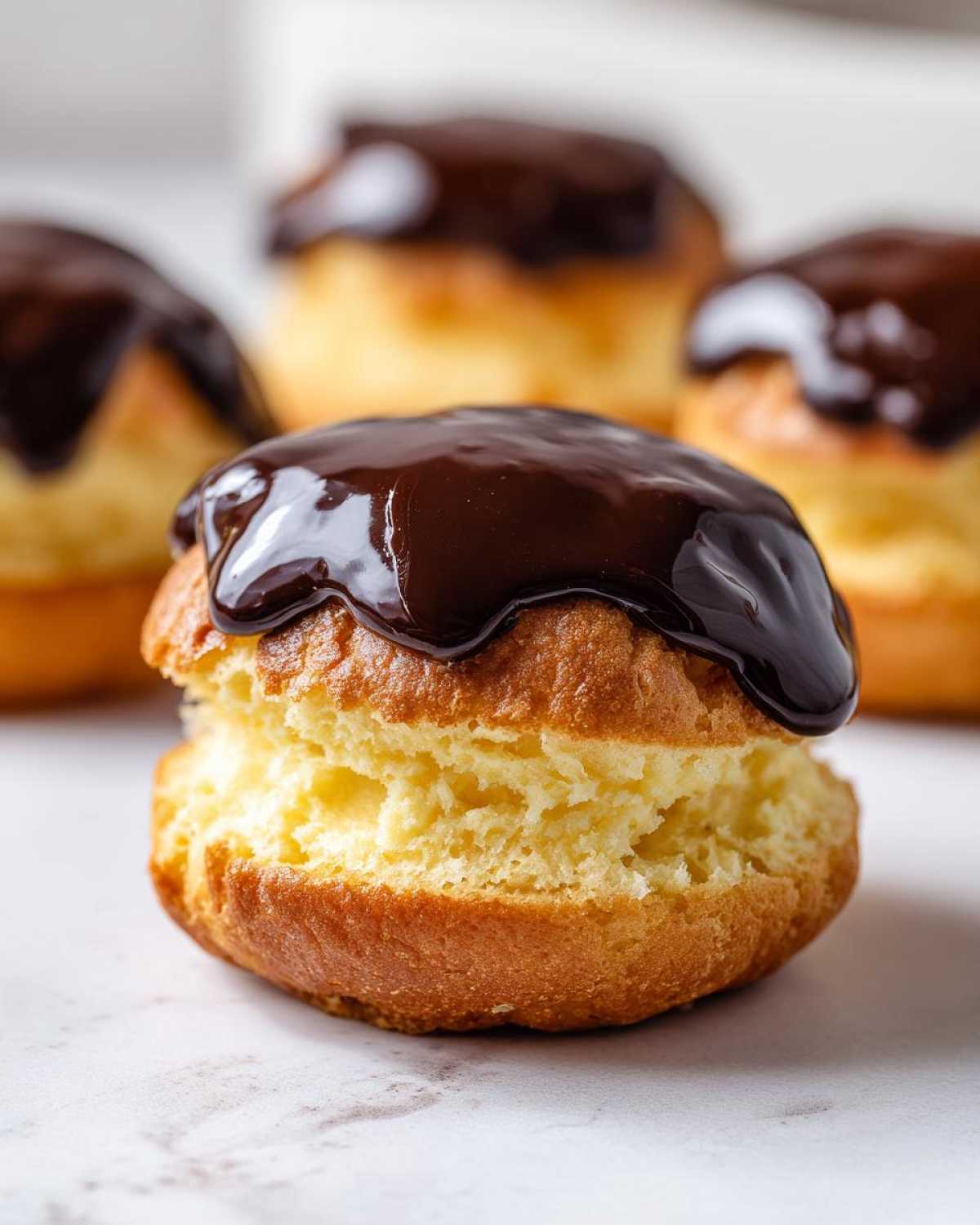 A close-up of a single boston cream pie cupcakes, split and filled with cream, topped with glossy chocolate ganache.