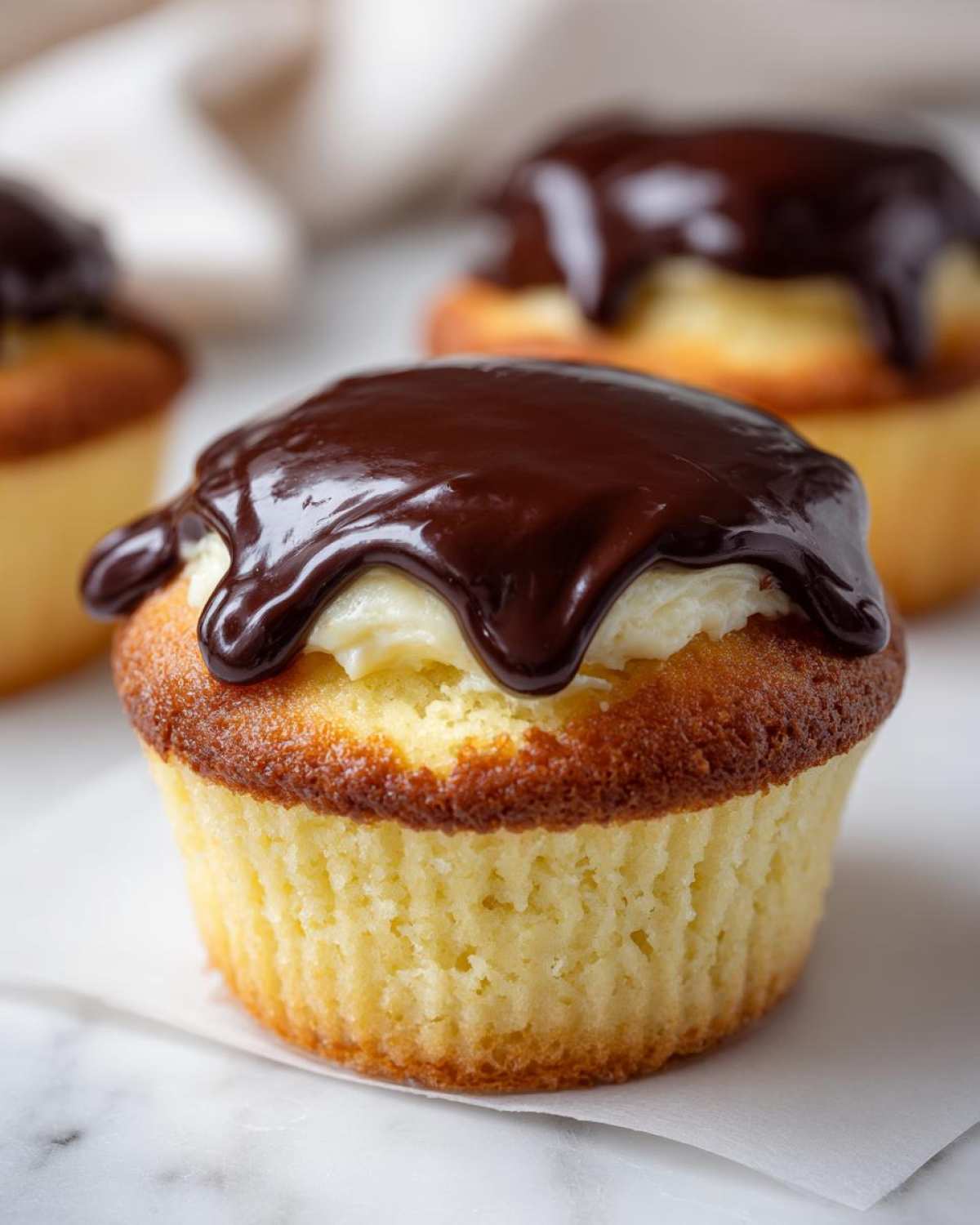 A close-up of a single boston cream pie cupcakes topped with vanilla cream filling and rich chocolate ganache.