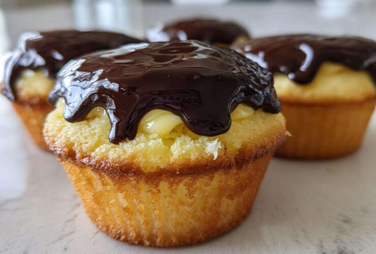 Close-up of a Boston cream pie cupcake filled with custard and topped with dripping dark chocolate ganache.