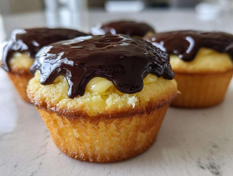 Close-up of a Boston cream pie cupcake filled with custard and topped with dripping dark chocolate ganache.