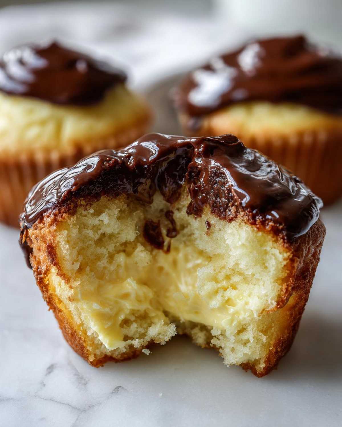 Close-up of a boston cream pie cupcakes cut in half showing rich vanilla cake, pastry cream filling, and chocolate ganache.