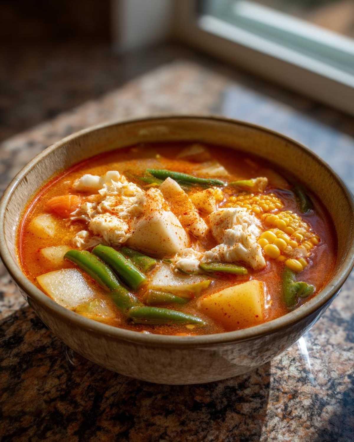 A close-up of a bowl filled with rich, reddish broth containing chunks of crab meat, potatoes, corn, and green beans, representing maryland crab soup.