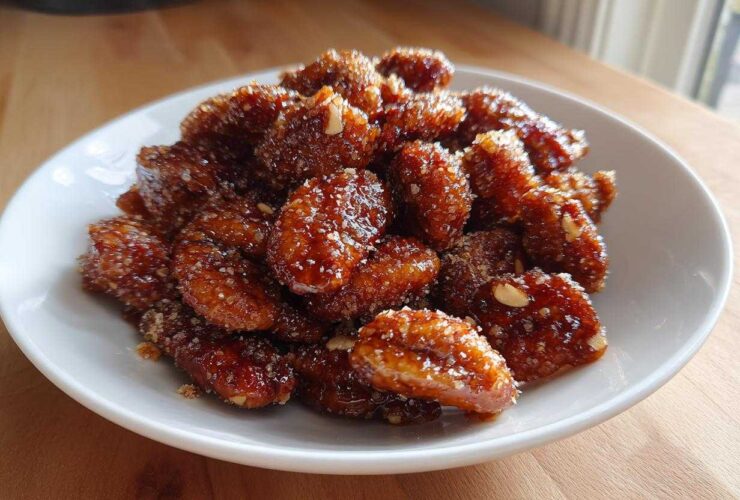 A white bowl filled with glossy, caramelized candied pecans coated in sugar crystals, sitting on a wooden surface.