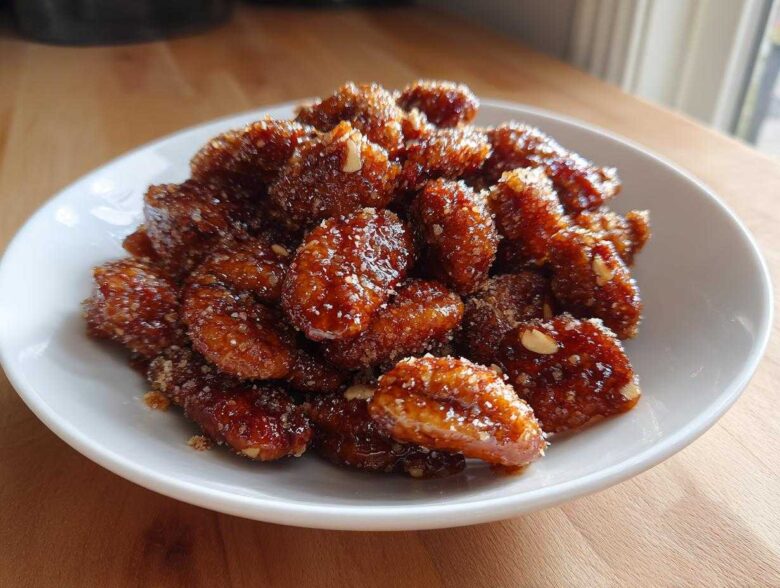 A white bowl filled with glossy, caramelized candied pecans coated in sugar crystals, sitting on a wooden surface.