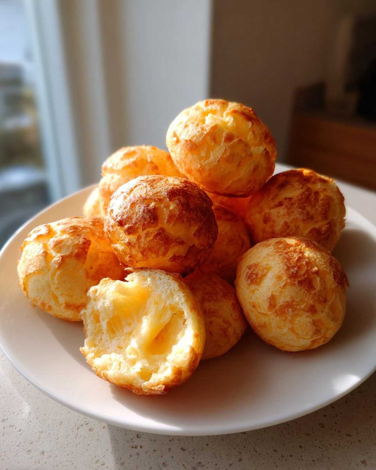 A pile of freshly baked, golden Brazilian cheese bread rolls on a white plate, one broken open showing the airy interior.