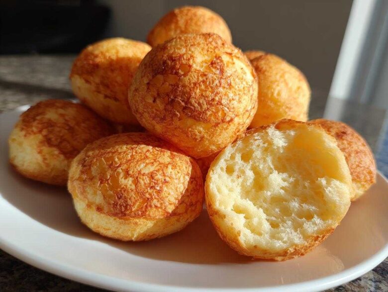A stack of freshly baked brazilian cheese bread rolls with a golden crust, one is broken open showing the airy interior.