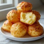 A stack of golden brown brazilian cheese bread rolls, one cut open showing the chewy, airy interior.