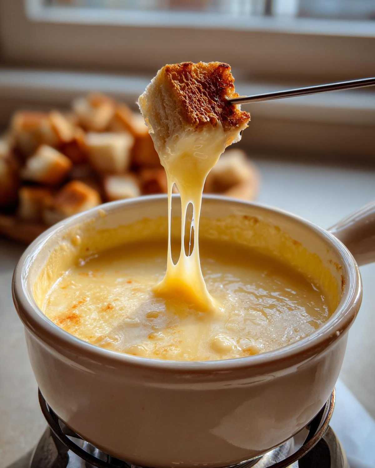 A piece of toasted bread is dipped into a pot of melted cheese fondue, showing long, stretchy cheese pulls.