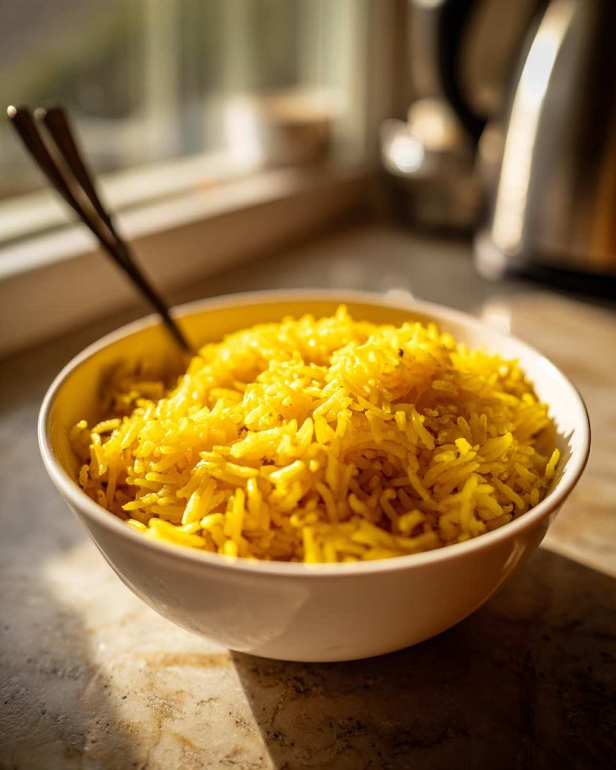 A close-up of a white bowl filled with vibrant yellow turmeric rice, illuminated by sunlight.