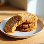 A stack of chewy brown butter sugar cookies topped with coarse sea salt, one cookie is broken open.