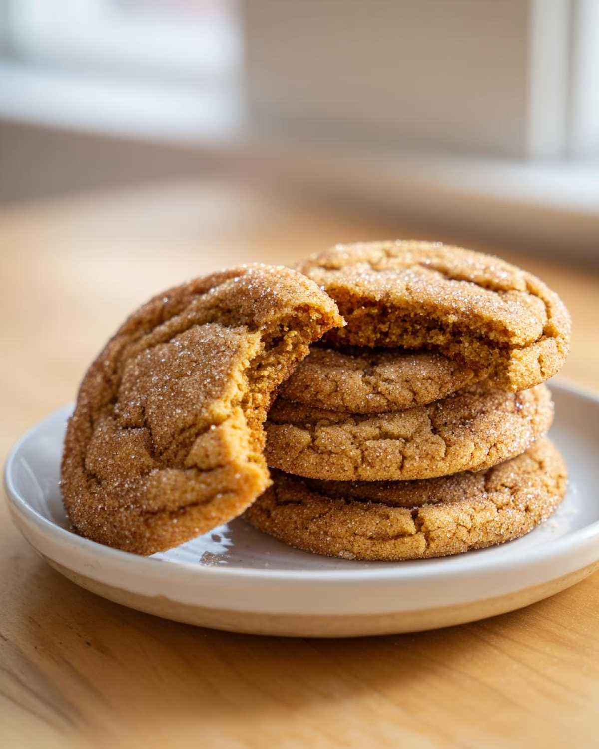 A stack of chewy brown butter sugar cookies, one broken in half to show the soft interior, coated in sugar.