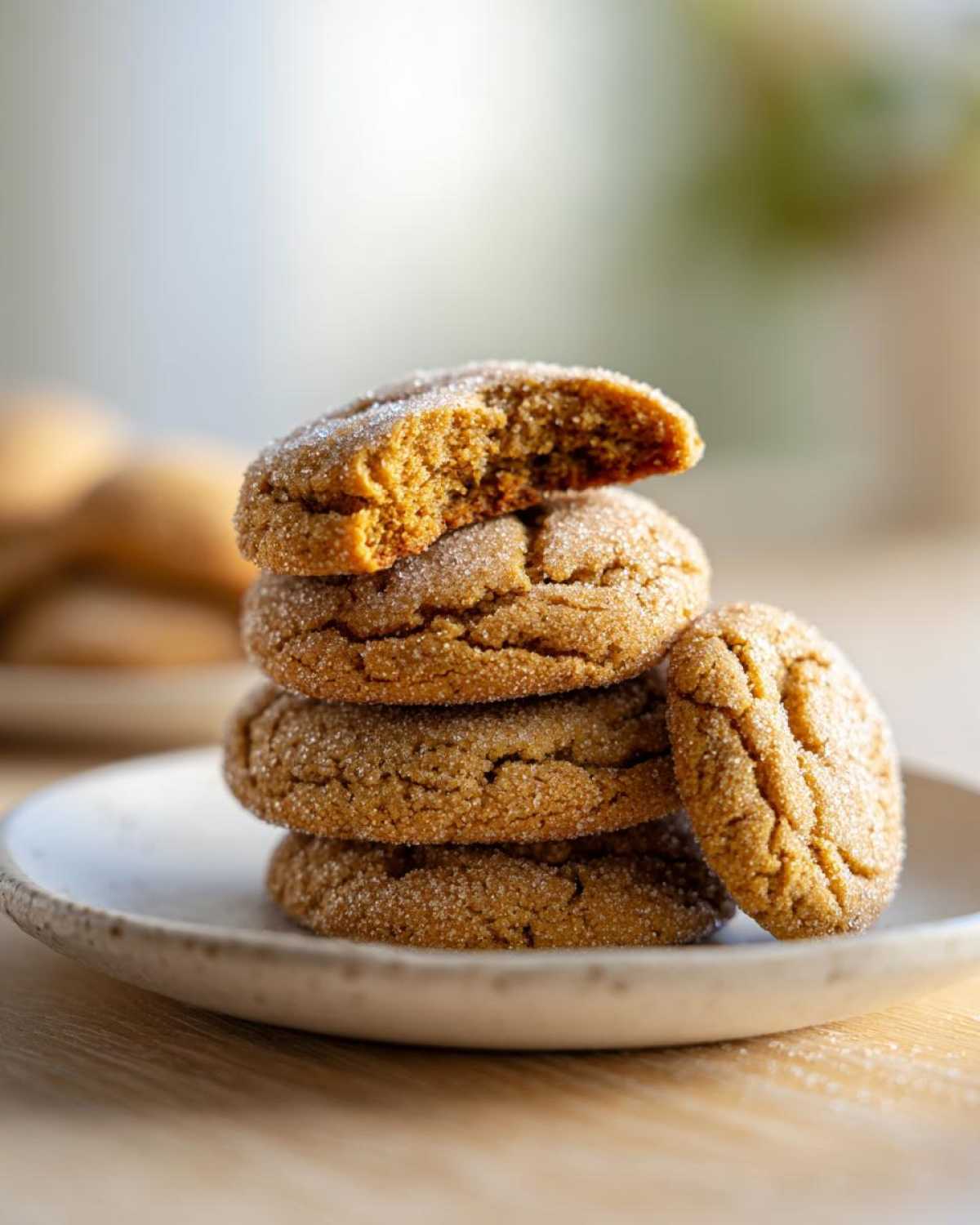 A stack of four chewy brown butter sugar cookies, one broken open to show the soft interior.