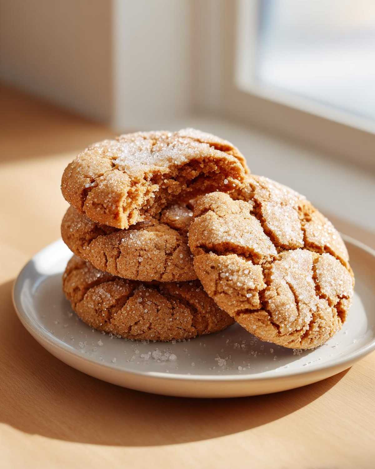 A stack of soft, cracked brown butter sugar cookies coated in granulated sugar, with one cookie broken open.
