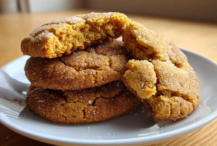 A stack of three soft, chewy brown butter sugar cookies, one broken open to show the texture.