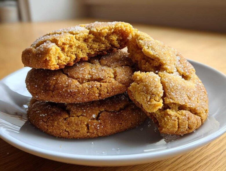 A stack of three soft, chewy brown butter sugar cookies, one broken open to show the texture.