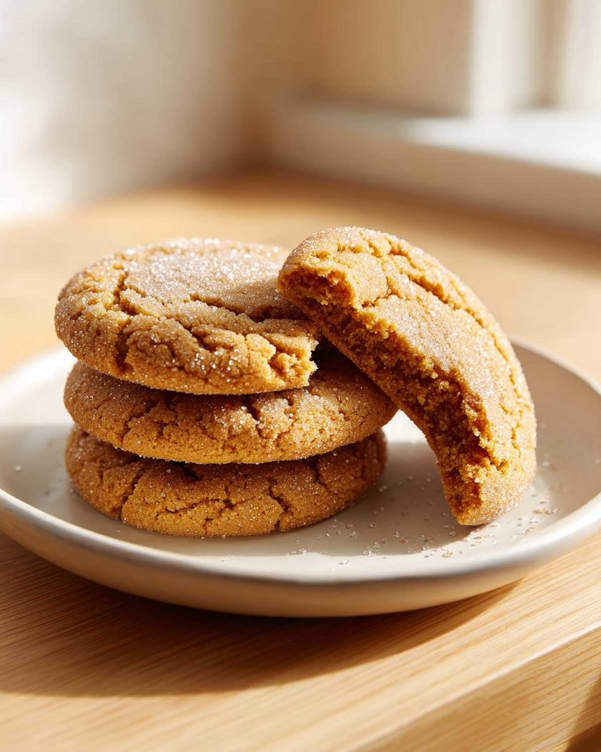 A stack of three soft brown butter sugar cookies, with one cookie broken in half showing the chewy interior.