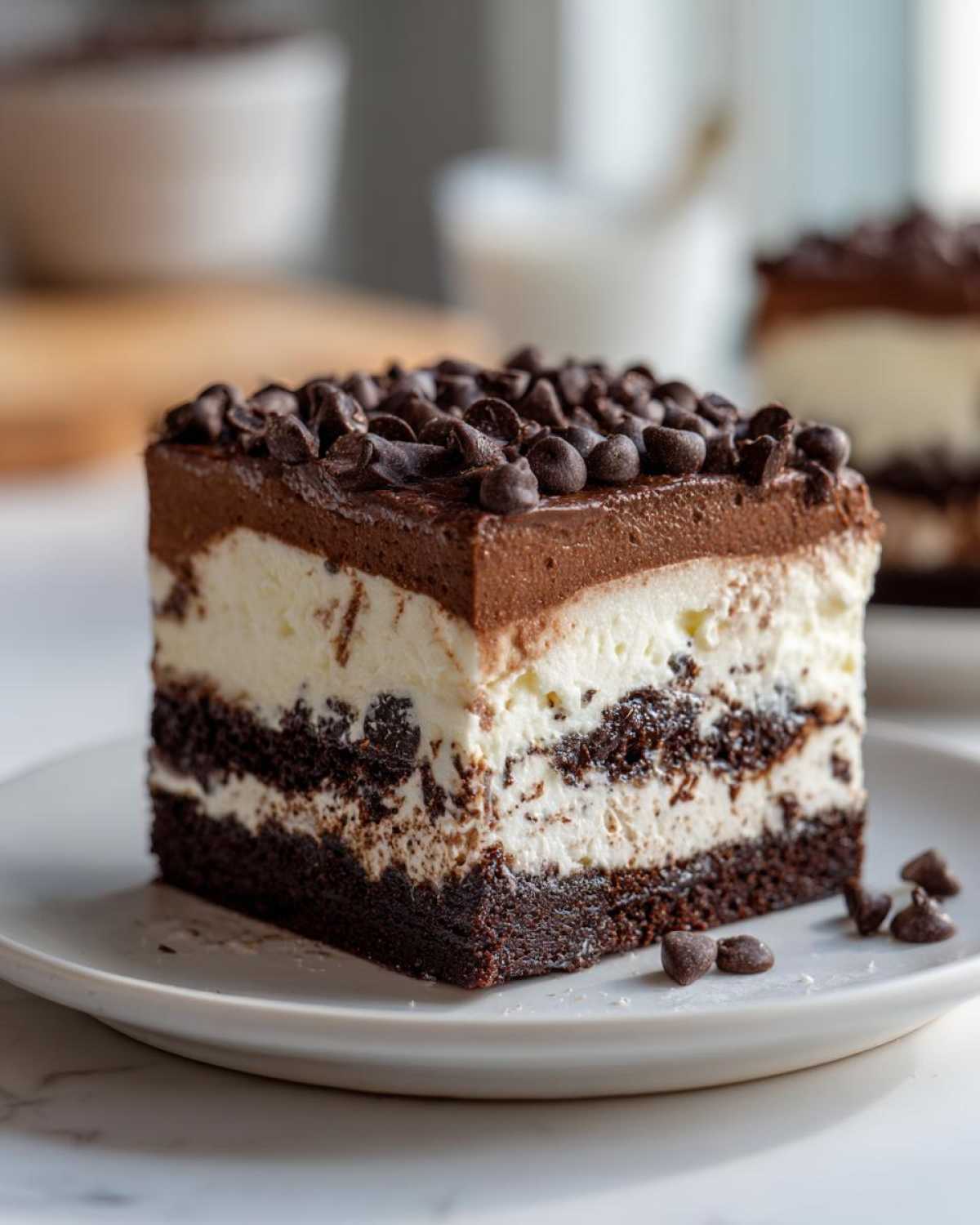 A decadent square slice of brownie refrigerator cake featuring layers of dark brownie, cream filling, and chocolate mousse topped with mini chocolate chips.