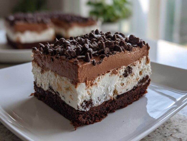 A close-up of a layered brownie refrigerator cake slice topped with chocolate mousse and mini chocolate chips.