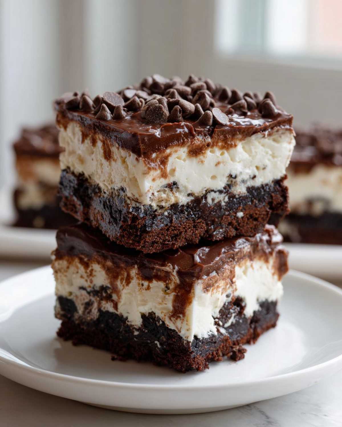 Two stacked squares of rich brownie refrigerator cake featuring a dark brownie base, thick white creamy layer, and chocolate ganache topped with mini chocolate chips.