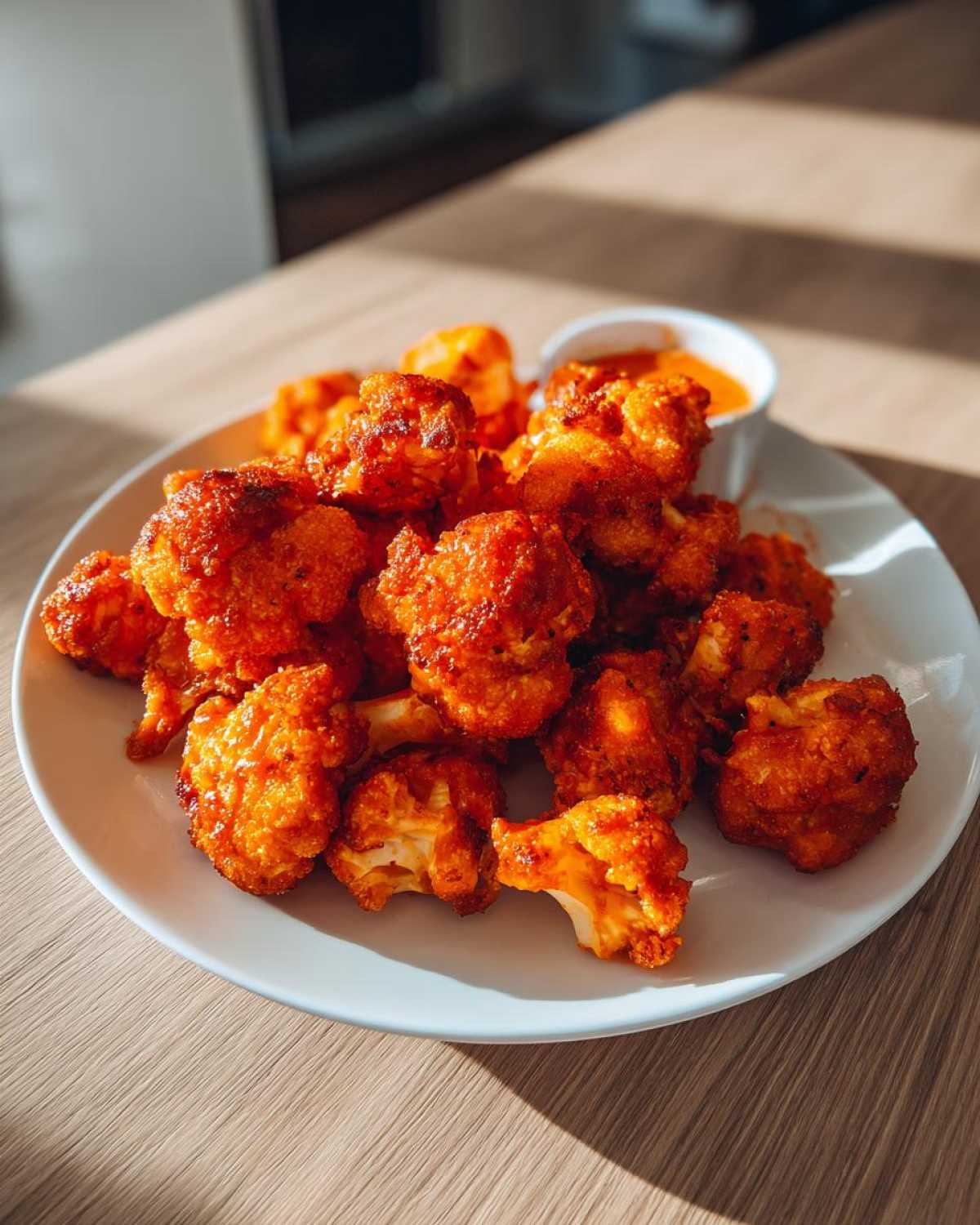 A plate piled high with crispy, bright orange buffalo cauliflower bites served with a side of dipping sauce.
