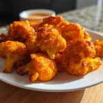 A close-up of crispy, bright orange buffalo cauliflower florets piled on a white plate.