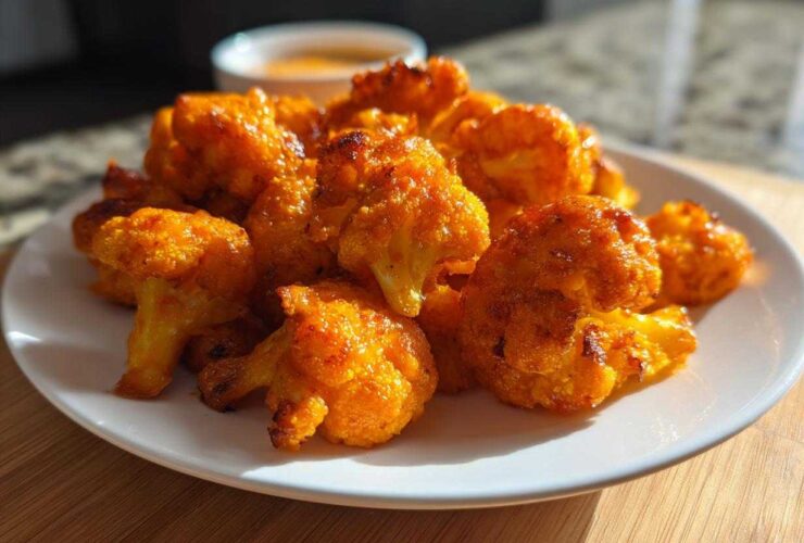 A close-up of crispy, bright orange buffalo cauliflower florets piled on a white plate.