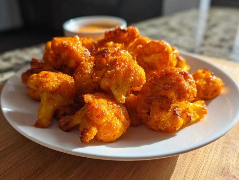 A close-up of crispy, bright orange buffalo cauliflower florets piled on a white plate.