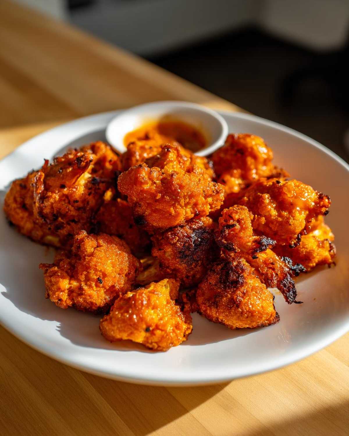 A white plate piled high with crispy, bright orange buffalo cauliflower bites, served with a small bowl of dipping sauce.