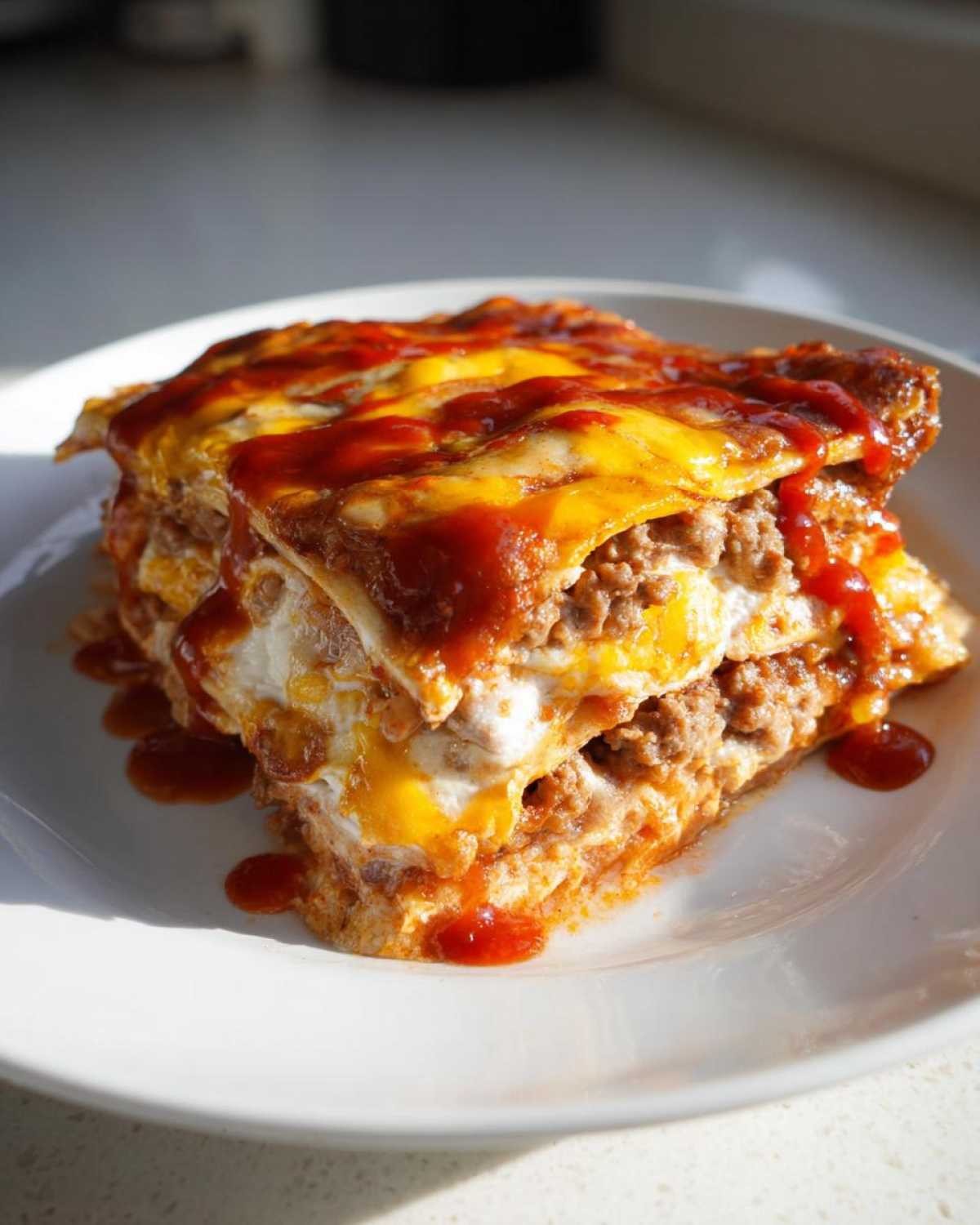 A layered slice of cheesy, saucy burrito bake featuring ground meat and tortillas, served on a white plate.