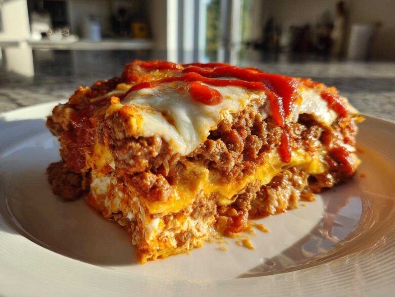 Close-up of a hearty slice of burrito bake layered with meat, cheese, and topped with sauce.