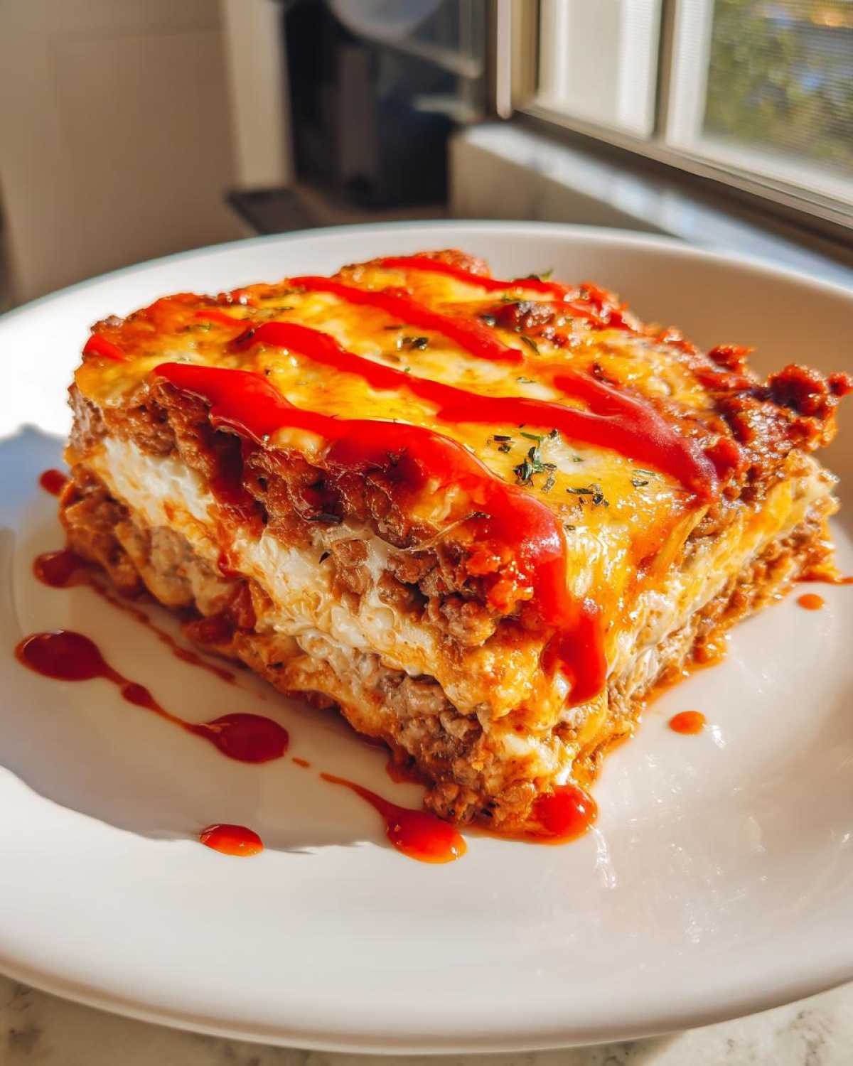 A square slice of layered burrito bake topped with melted cheese and drizzled with hot sauce.