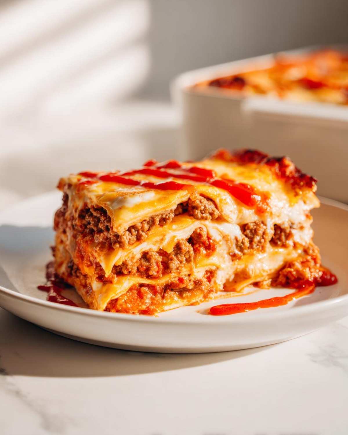 A thick slice of layered burrito bake, resembling lasagna, topped with melted cheese and a drizzle of red sauce.