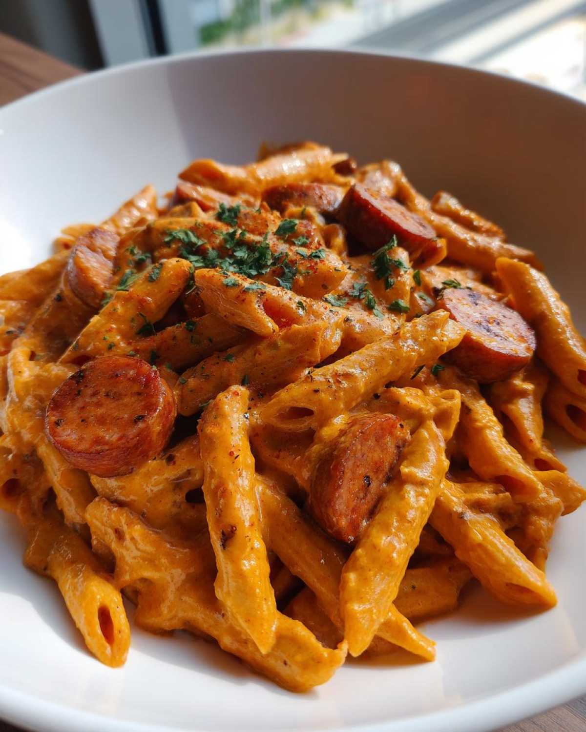 Close-up of creamy Cajun sausage pasta featuring penne coated in orange sauce and sliced andouille sausage.