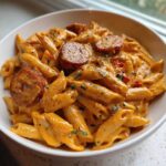 A close-up of creamy Cajun sausage pasta featuring penne coated in an orange sauce with sliced sausage and parsley.