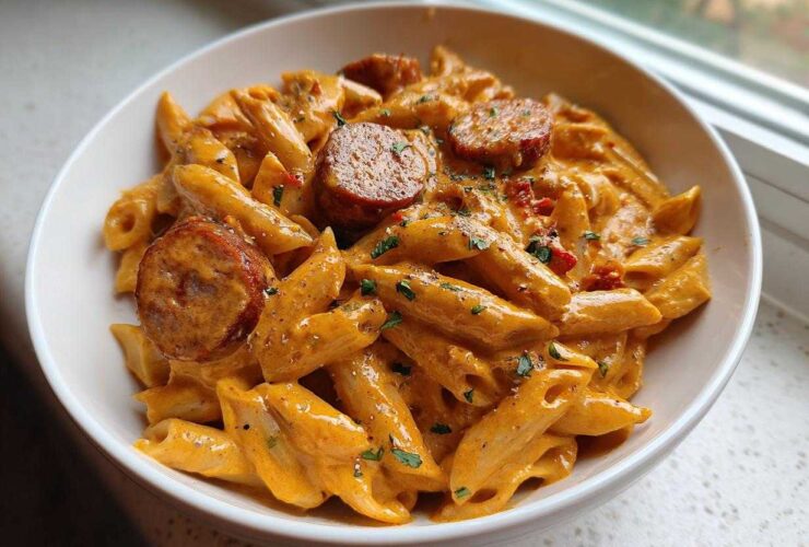 A close-up of creamy Cajun sausage pasta featuring penne coated in an orange sauce with sliced sausage and parsley.