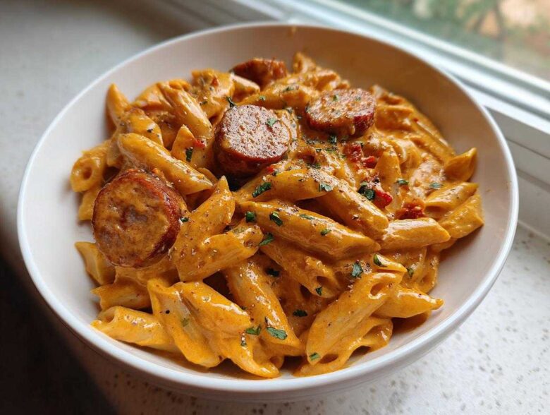 A close-up of creamy Cajun sausage pasta featuring penne coated in an orange sauce with sliced sausage and parsley.