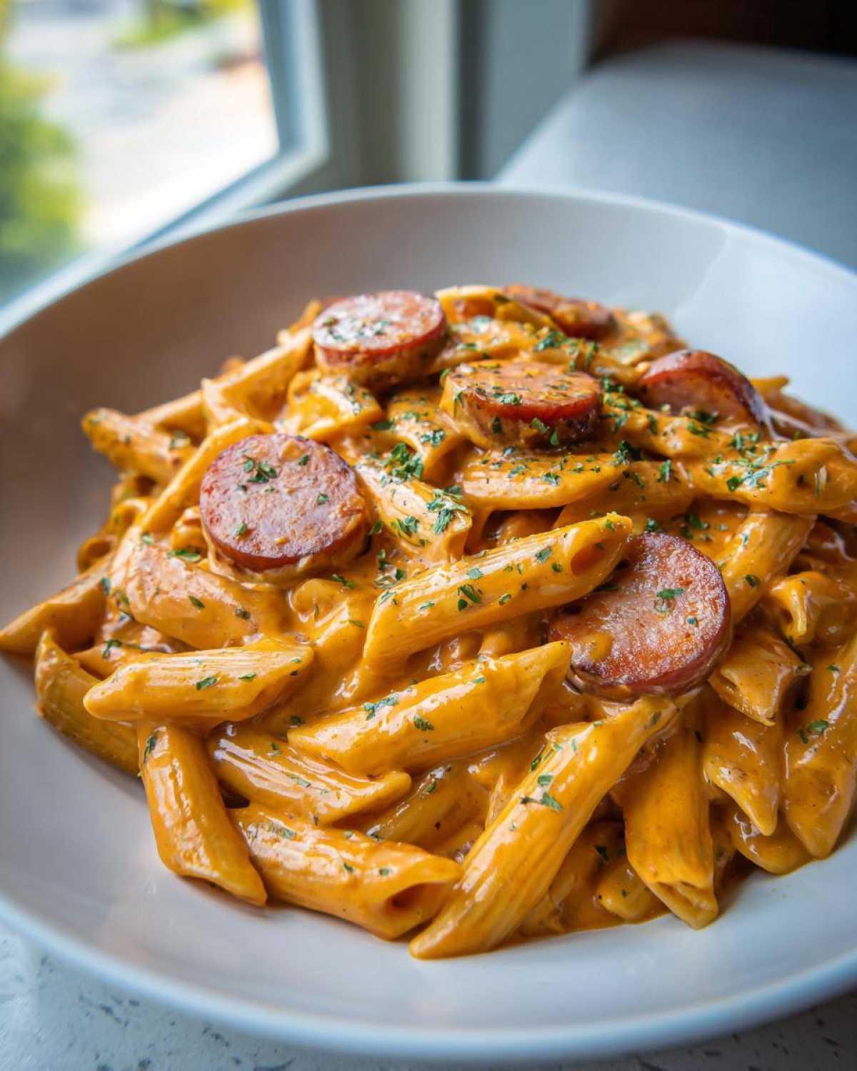 Close-up of a bowl of creamy Cajun sausage pasta featuring penne noodles and sliced andouille sausage.